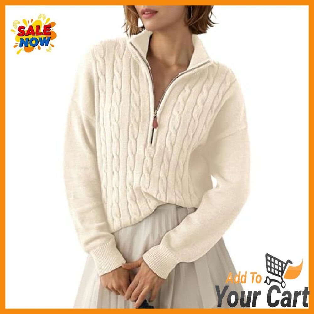 Quarter Zip Ribbed Cable Knit Pullover Sweater - … - image 2